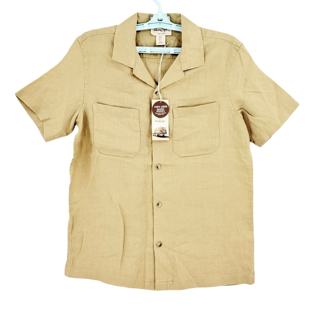Panama Jack Men's 100% Linen Short Sleeve Tan Shirt Size Small European Flax NWT